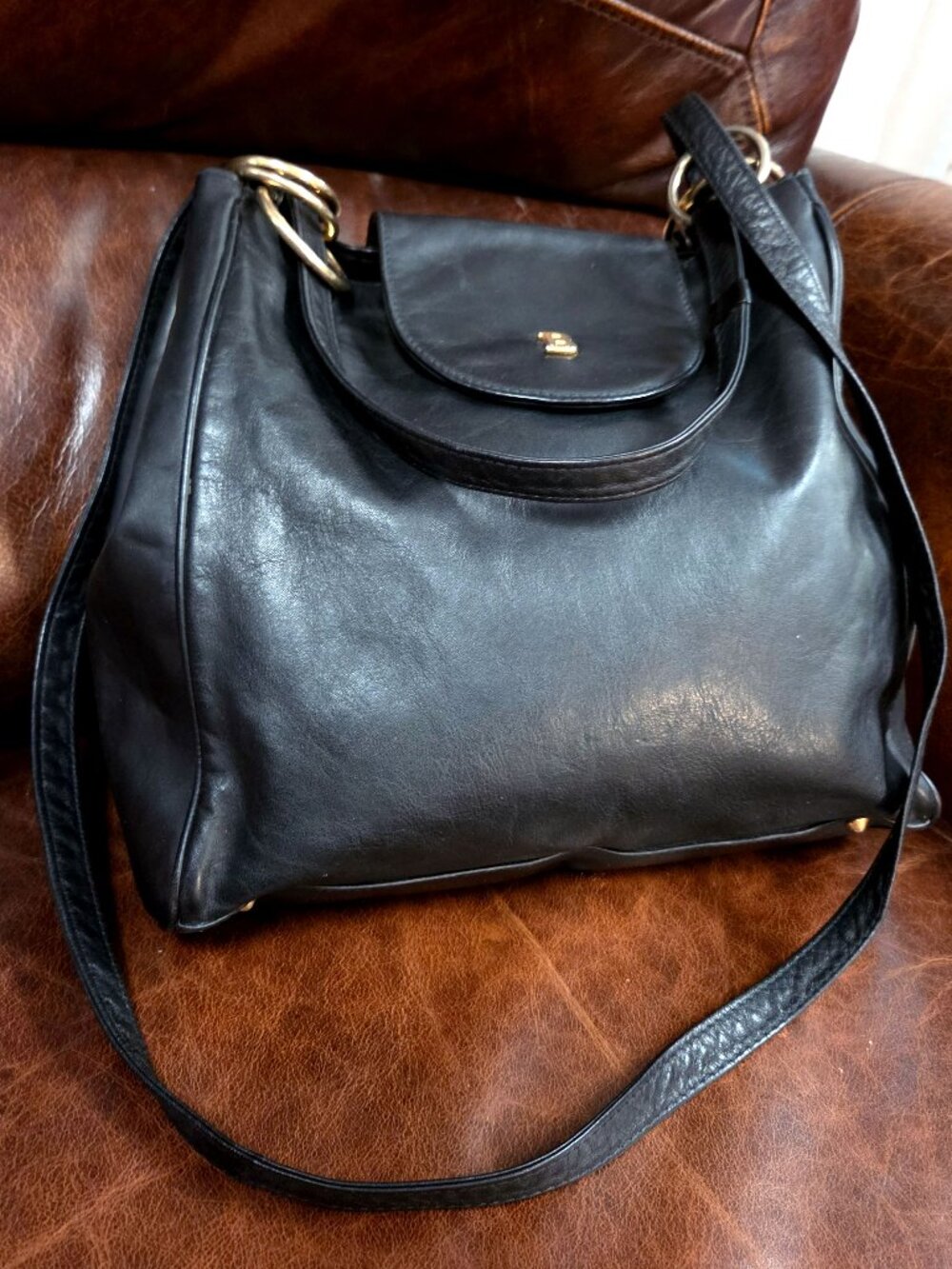 Bally Black Leather Convertible Bag with Gold Ring Detail